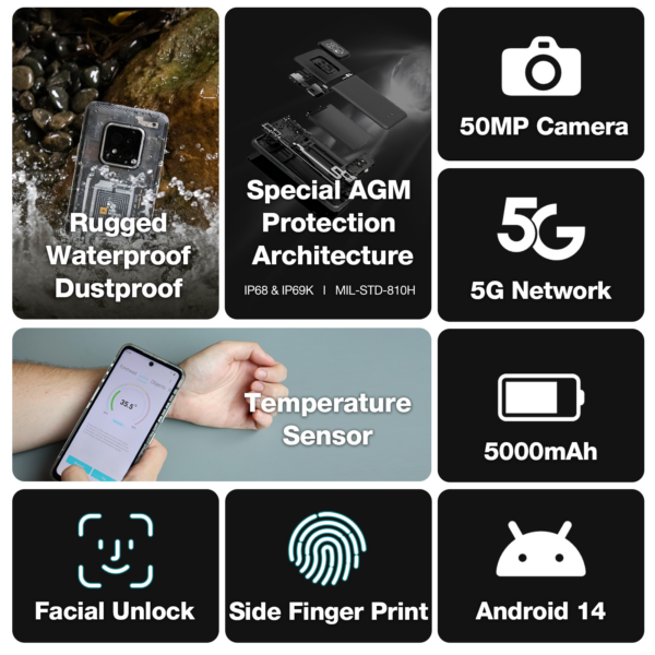 AGM odporni pametni telefon X6 5G 8GB/128GB DS Android 14, Kamera 50MP dual AI - črn - Image 14
