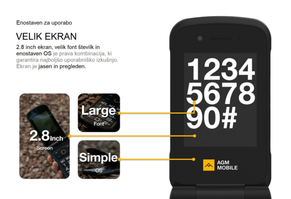 AGM Odporni preklopni telefon na tipke Flip M8 (4G) DS, IP68/IP69K/MIL-STD-810H, črn - Image 6