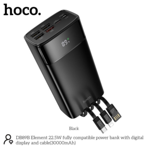 Hoco zunanja baterija powerbank BD89B 30000 mAh Fast Charge 22,5W za Samsung, Apple s kabli - črna