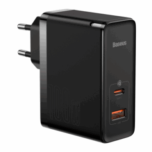 Baseus hišni polnilec 220V GaN 5 Pro Fast Charge 100W vhod 1x USB A in 1x Type C s kablom Type C - Original (EU Blister) črn