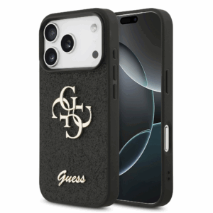 GUESS GUHCP17LHG4SGK silikonski ovitek za iPhone 17 Pro / iPhone 18 Pro - črn z bleščicami in zlatim logom
