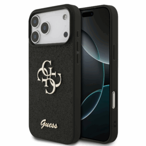 GUESS GUHCP17XHG4SGK silikonski ovitek za iPhone 17 Pro Max / iPhone 18 Pro Max - črn z bleščicami in zlatim logom