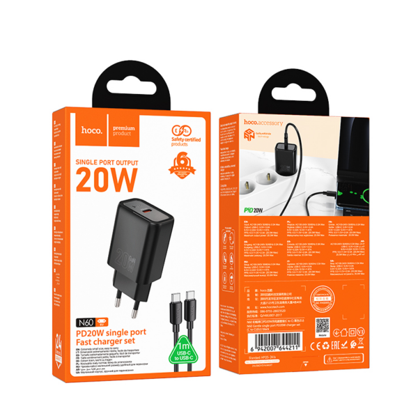Hoco polnilec N60 GaN PD 20W Type C s kablom Type C na Type C za Samsung - črn - Image 4