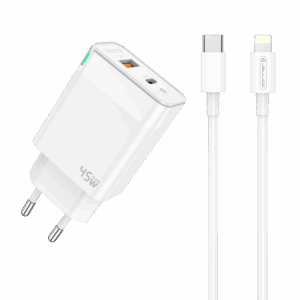Jellico C107 hišni polnilec GaN QC / PD 45W vhod USB A in Type C s kablom Lightning - Original (EU Blister) - bel