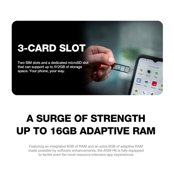 AGM odporni pametni telefon H6 4G 8+8GB/256GB DS Android 13, Kamera 50MP dual AI - črn - Image 4
