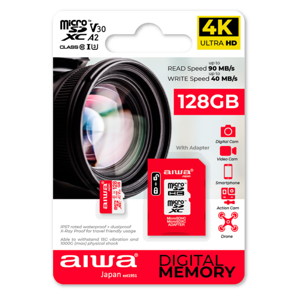 Aiwa 4K spominska kartica MicroSD XC 128GB Class 10, 90MB/s z adapterjem SD