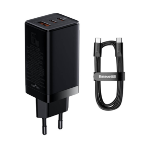 Baseus adapter CCGP050101 hišni polnilec 220V Gun3 Pro QC/PD 65W vhod 2x Type C 1x USB-A - Original (EU Blister) črn