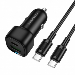 Borofone BZ34B avtopolnilec Type C (20W) USB A (18W) PD 38W QC 3.0 s kablom Type C - Type C 1m - črn