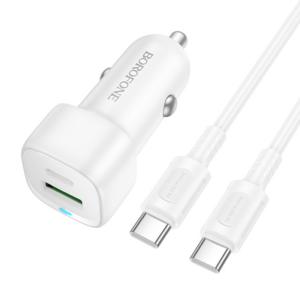 Borofone BZ34B avtopolnilec Type C (20W) USB A (18W) PD 38W QC 3.0 s kablom Type C - Lightning 1m - bel