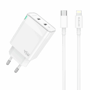 Jellico C106 hišni polnilec GaN QC / PD 45W vhod 2x Type C s kablom Lightning - Original (EU Blister) - bel