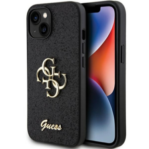 GUESS GUHCP15SHG4SGK silikonski ovitek za iPhone 15 - črn z bleščicami in zlatim logom