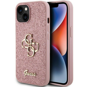 GUESS GUHCP15SHG4SGP silikonski ovitek za iPhone 15 - roza z bleščicami in zlatim logom