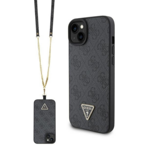 GUESS GUHCP15SP4TDSCPK silikonski ovitek za iPhone 15 - črn z zlatim trikotnim logom in paščkom