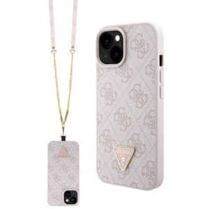 GUESS GUHCP15SP4TDSCPP silikonski ovitek za iPhone 15, iPhone 14, iPhone 13 6.1 - roza z zlatim trikotnim logom in paščkom