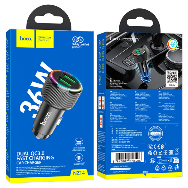 HOCO avtopolnilec adapter NZ14 Guerrero QC 36W 2xUSB za Samsung - črn - Image 6