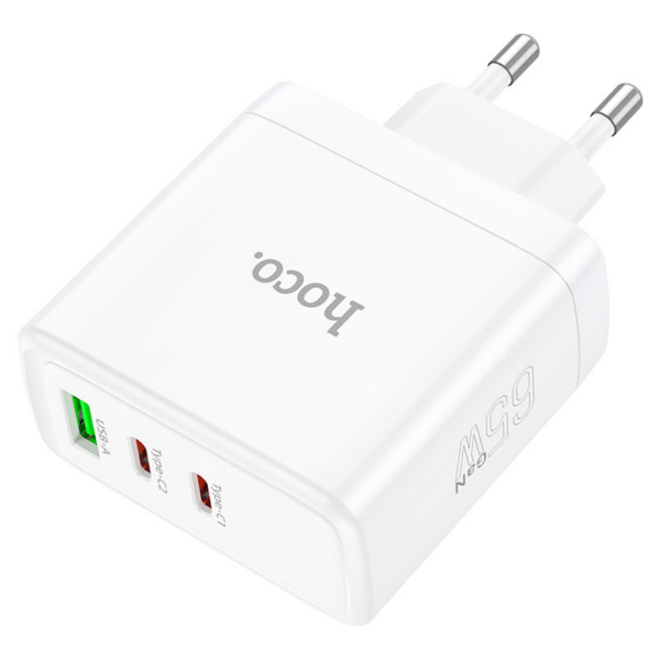 Hoco polnilec adapter N30 GuN QC PD 65W vhod 1x USB A in 2x Type C za Samsung - bel - Image 3