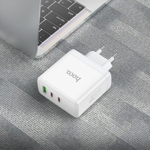 Hoco polnilec adapter N30 GuN QC PD 65W vhod 1x USB A in 2x Type C za Samsung - bel - Image 6