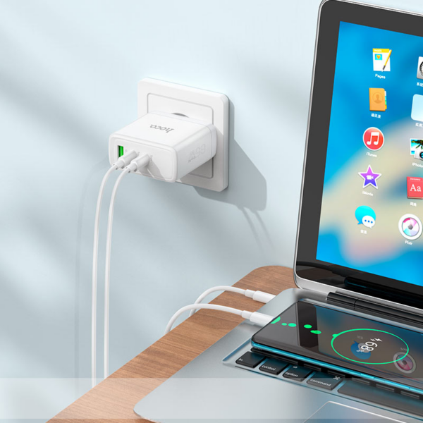 Hoco polnilec adapter N30 GuN QC PD 65W vhod 1x USB A in 2x Type C za Samsung - bel - Image 7