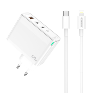 Jellico adapter hišni polnilec 220V Gun QC 100W vhod 1x USB A (22,5W) in 2x Type C (1x 65W + 1x 35W) + kabel Type C - Lightning - Original (EU Blister) bel