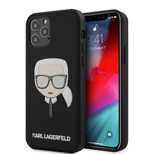 Originalen KARL LAGERFELD ovitek iPhone 12 Pro Max - Karl s Head Glitter Glasses - črna silikonska zaščita - KLHCP12LGLBK