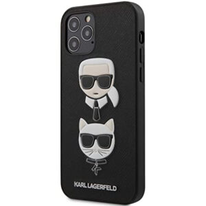Originalen KARL LAGERFELD ovitek iPhone 12 ali 12 Pro - Karl and Choupette - črna trda zaščita - KLHCP12MSAKICKCBK