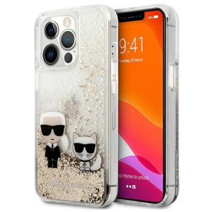 Originalen KARL LAGERFELD ovitek iPhone 13 Pro - Karl and Choupette - prozorna zaščita zlatimi bleščicami - KLHCP13LGKCD