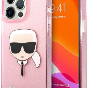 Originalen KARL LAGERFELD ovitek iPhone 13 Pro - Karl s Head - roza zaščita z bleščicami - KLHCP13LKHTUGLP