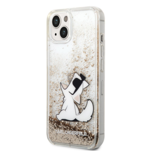 Originalen KARL LAGERFELD ovitek iPhone 14 6.1 - Choupette Fun -zlata prozorna trda zaščita z bleščicami - KLHCP14SGCFD