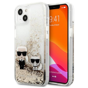 Originalen KARL LAGERFELD ovitek iPhone 14 6.1 - Karl and Choupette- prozorna zaščita z zlatimi bleščicami - KLHCP14SGKCD
