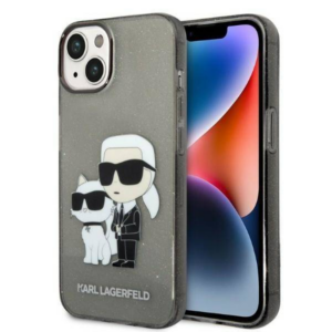 Originalen KARL LAGERFELD ovitek iPhone 14 - Glitter IML NFT Full Bodies - prozorno črn ovitek z belščicami - KLHCP14SHNKCTGK
