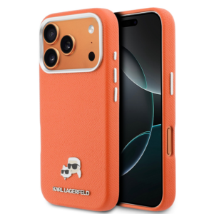 Karl Lagerfeld MagSafe ovitek PU Karl and Choupette Heads Pins za iPhone 17 Pro / iPhone 18 Pro, oranžen - KLHMP17L6PFKCLO