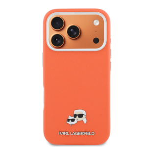 Karl Lagerfeld MagSafe ovitek PU Karl and Choupette Heads Pins za Apple iPhone 17 Pro Max / iPhone 18 Pro Max, oranžen - KLHMP17X6PFKCLO