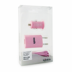 Konkis 3v1 microUSB Combo (hišni in avtopolnilec + podatkovni kabel) pink - Image 2