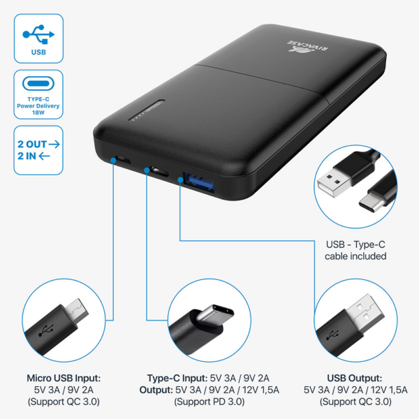 RIVACASE VA2531 zunanja baterija powerbank 10.000 mAh 18W - črna - Image 11