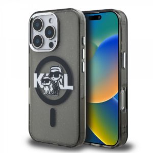 Originalen KARL LAGERFELD MagSafe ovitek iPhone 16 Pro Max - Karl and Choupette - prozorno črn z bleščicami - KLHMP16XHGKCGKBK