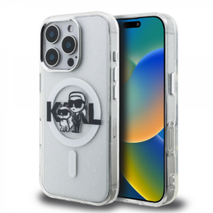 Originalen KARL LAGERFELD MagSafe ovitek iPhone 16 Pro Max - Karl and Choupette - prozoren z bleščicami- KLHMP16XHGKCGKBT