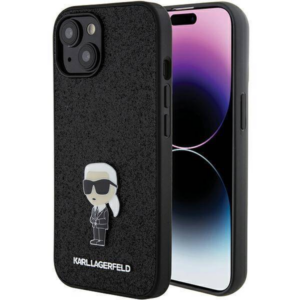 Originalen KARL LAGERFELD ovitek iPhone 15 - Glitter IML NFT Iconic - črn ovitek z bleščicami - KLHCP15SGKNPSK