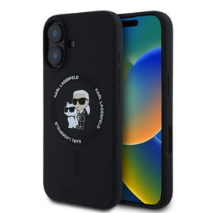 Originalen KARL LAGERFELD ovitek MagSafe iPhone 16 - Karl and Choupette - črn - KLHMP16SSCMKCRHK