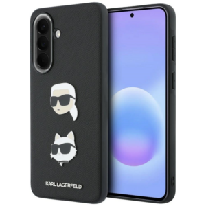 Originalen KARL LAGERFELD ovitek Samsung Galaxy A37 - Heads Pins in Logo, Saffiano - črna zaščita - KLHCSA37PSFDHPOK