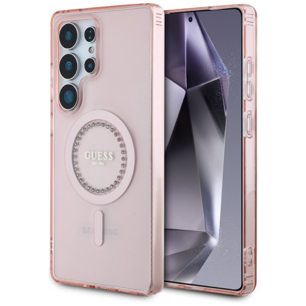 Originalni GUESS ovitek GUHMS25LPFTDTEP za Samsung Galaxy S25 Ultra 5G - MagSafe - roza s kristalčki