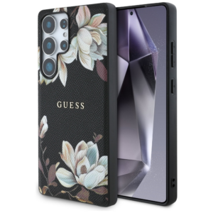 Originalni GUESS ovitek za Samsung Galaxy S25 Ultra 5G - MagSafe - Printed Flower - črn - GUHMS25LPGNMPLMK