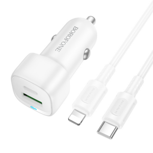 Borofone BZ34B avtopolnilec Type C (20W) USB A (18W) PD 38W QC 3.0 s kablom Type C - Lightning 1m - bel