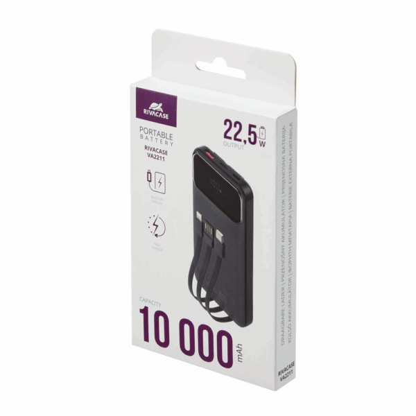 RIVACASE prenosna baterija/powerbank VA2211 10.000 mAh 22,5W, z LCD ekranom in 3x podatkovni kabli (Type-C, Lightning, USB-A) - za vse telefone in tablice - Image 9
