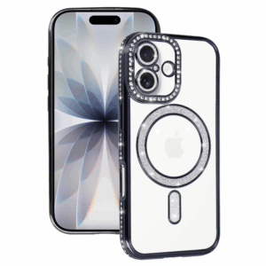 Silikonski ovitek Luxury MagSafe za iPhone 17 - prozorno črna z bleščicami