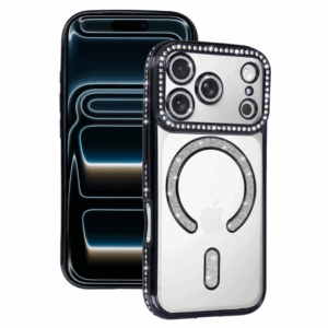 Silikonski ovitek Luxury MagSafe za iPhone 17 Pro Max - prozorno črna z bleščicami