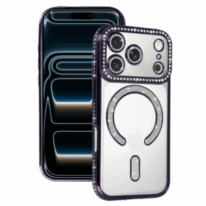 Silikonski ovitek Luxury MagSafe za iPhone 17 Pro - prozorno vijola z bleščicami
