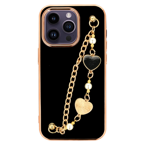 Trendy silikonski ovitek z zapestnico za iPhone 12 / 12 Pro - črn s srčki - Image 2