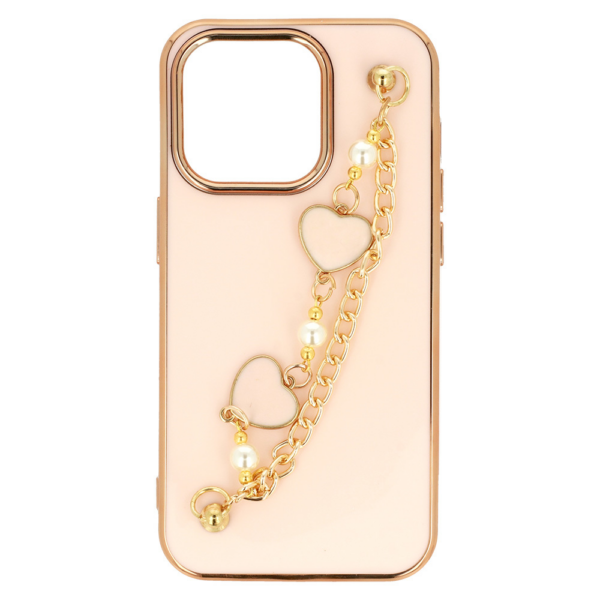 Trendy silikonski ovitek z zapestnico za iPhone 13 Pro - roza s srčki - Image 4