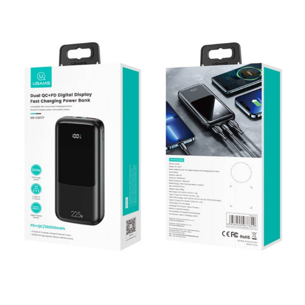 Usams zunanja baterija powerbank 20.000 mAh US-CD177 Quick Charge / PD 22,5W z LCD-jem / 3x izhod - črn - Image 2