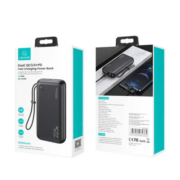 Usams zunanja baterija powerbank 20.000 mAh US-CD168 Quick Charge / PD 22,5W z 3x izhod - črn - Image 2